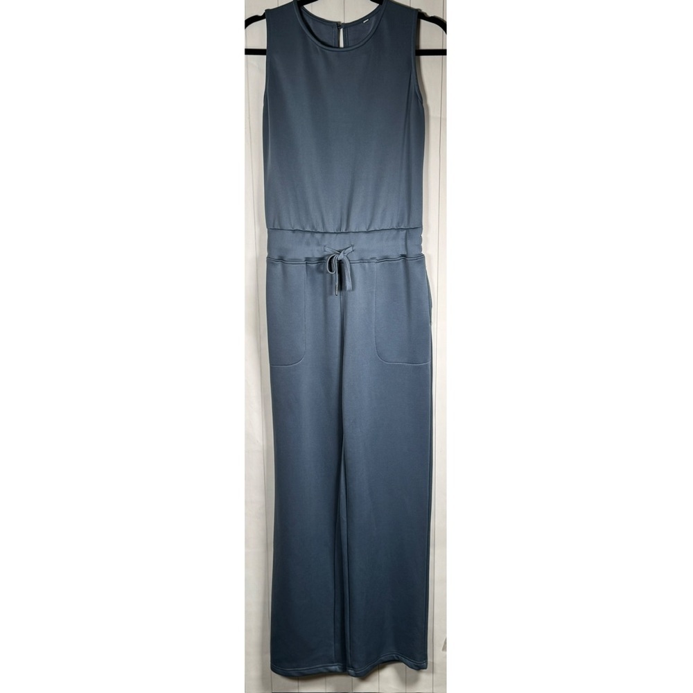 Womens Medium Blue Jumpsuit Sporty Cinched Tie Waist Sleeveless Summer One Piece